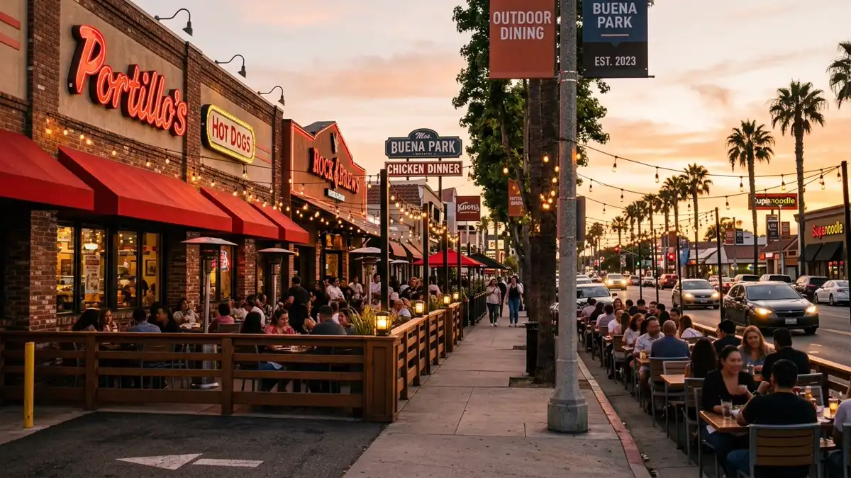Restaurant district in Buena Park, California with nearby public restroom facilities