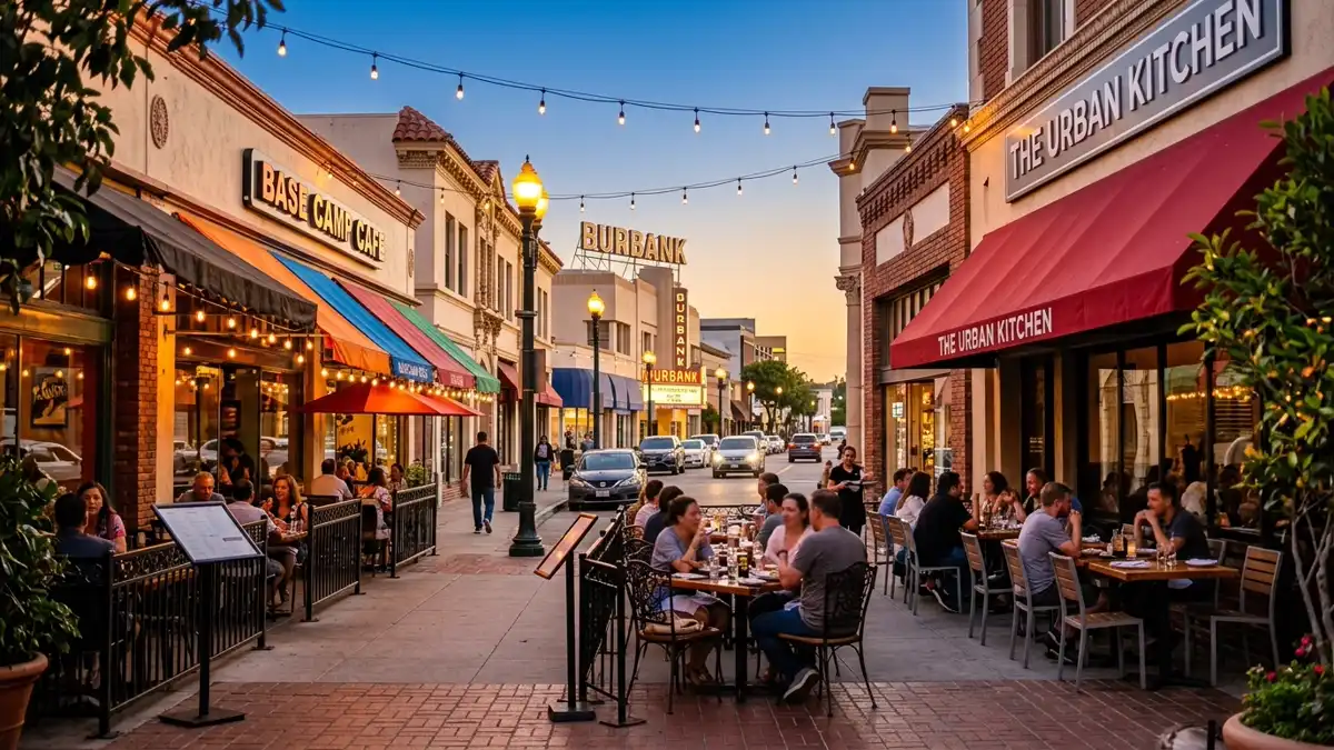 Restaurant district in Burbank, California with nearby public restroom facilities
