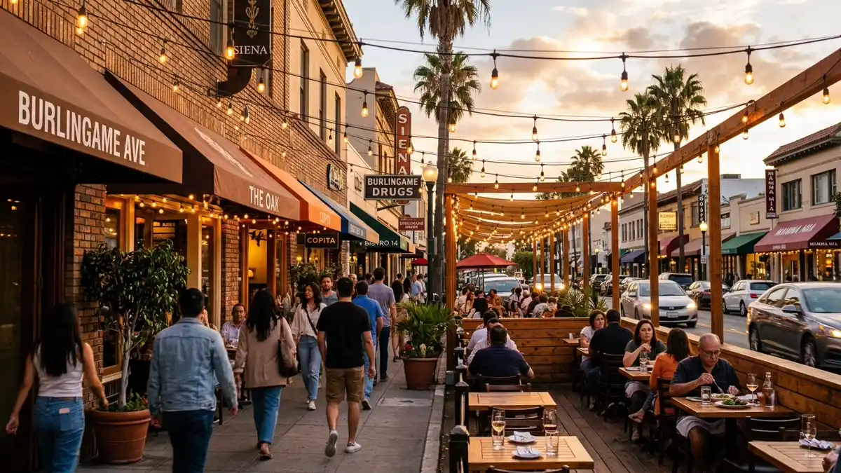 Restaurant district in Burlingame, California with nearby public restroom facilities