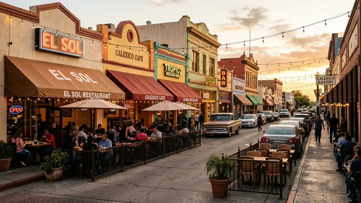 Restaurant district in Calexico, California with nearby public restroom facilities