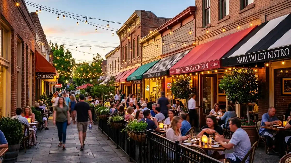 Restaurant district in Calistoga, California with nearby public restroom facilities