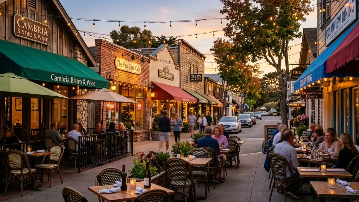 Restaurant district in Cambria, California with nearby public restroom facilities