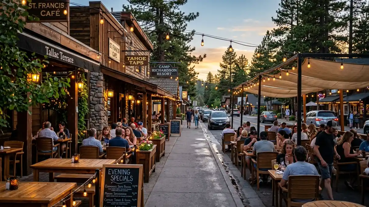 Restaurant district in Camp Richardson, California with nearby public restroom facilities