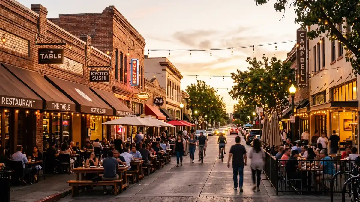 Restaurant district in Campbell, California with nearby public restroom facilities