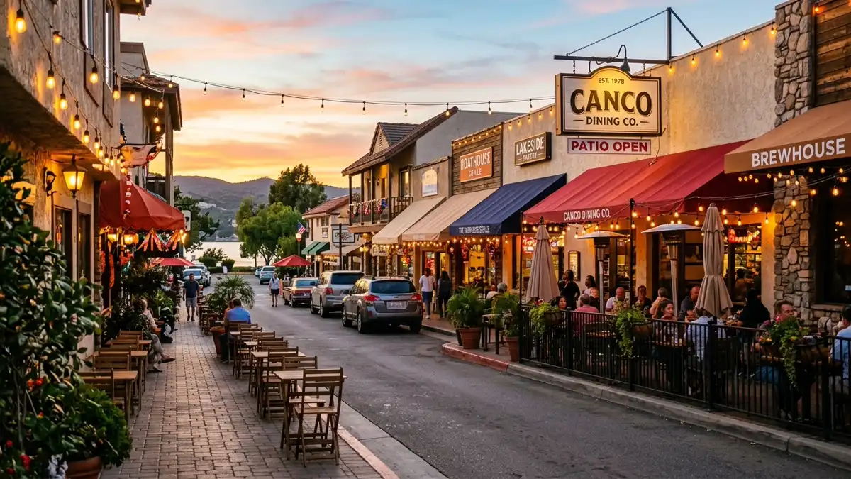 Restaurant district in Canyon Lake, California with nearby public restroom facilities
