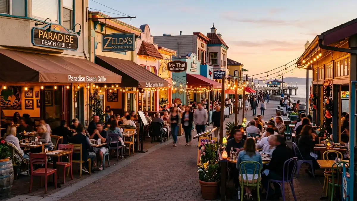 Restaurant district in Capitola, California with nearby public restroom facilities