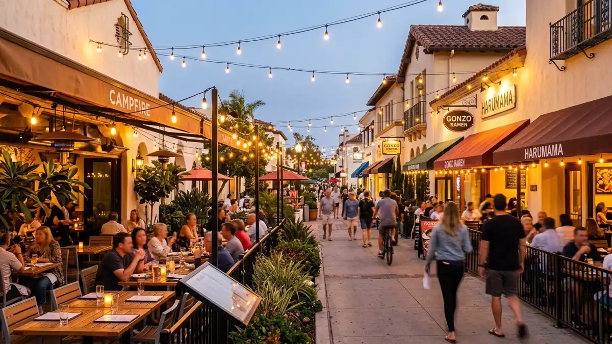 Restaurant district in Carlsbad, California with nearby public restroom facilities