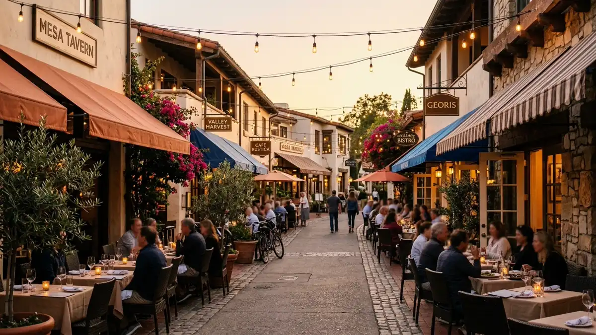 Restaurant district in Carmel Valley, California with nearby public restroom facilities