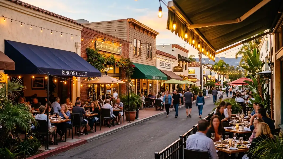 Restaurant district in Carpinteria, California with nearby public restroom facilities