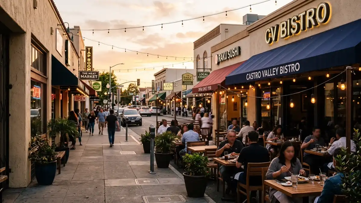 Restaurant district in Castro Valley, California with nearby public restroom facilities