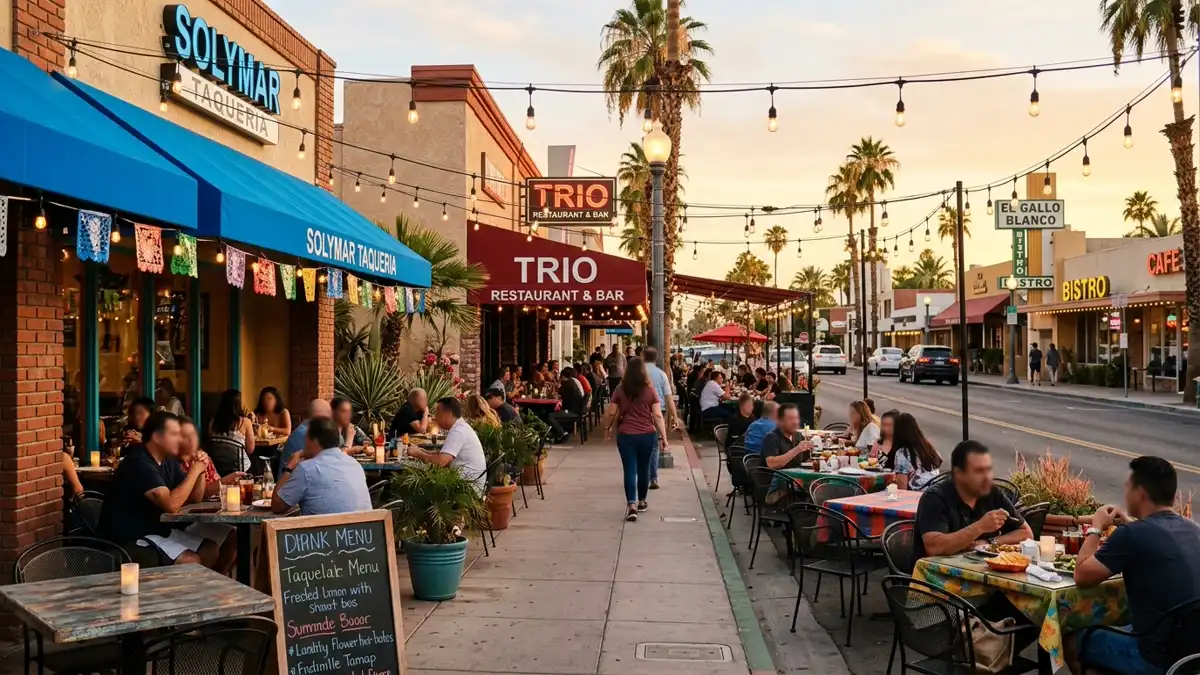 Restaurant district in Cathedral City, California with nearby public restroom facilities