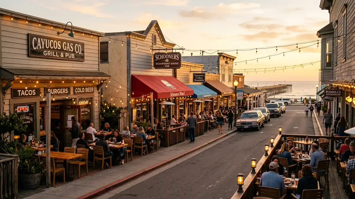 Restaurant district in Cayucos, California with nearby public restroom facilities