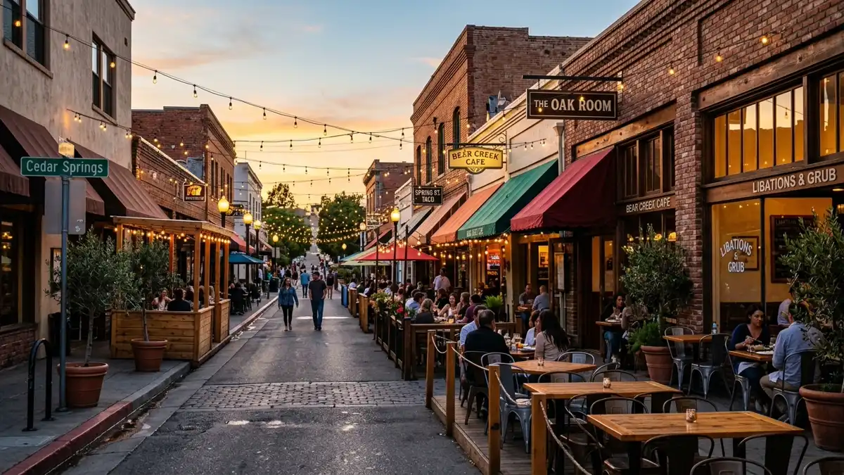 Restaurant district in Cedar Springs, California with nearby public restroom facilities