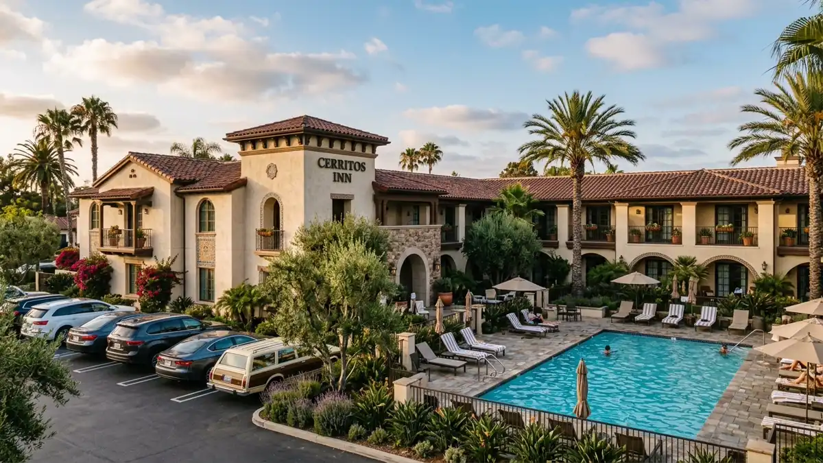 Hotels and accommodation options near mapped restrooms in Cerritos, California