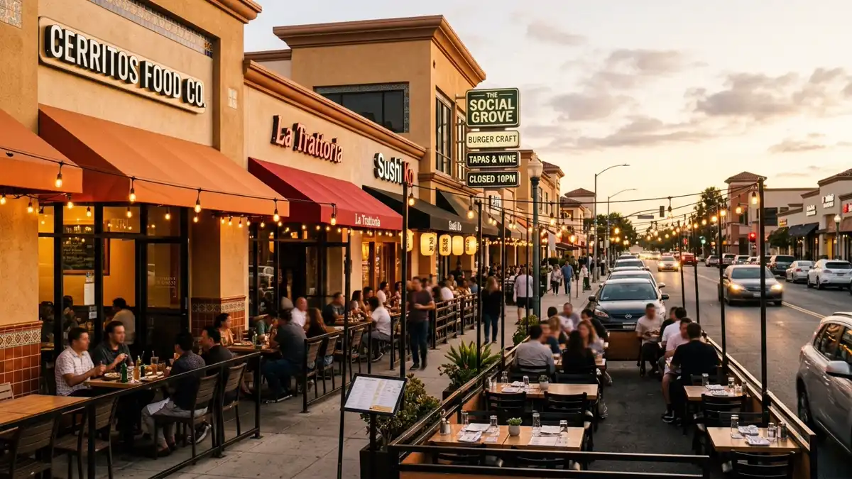Restaurant district in Cerritos, California with nearby public restroom facilities