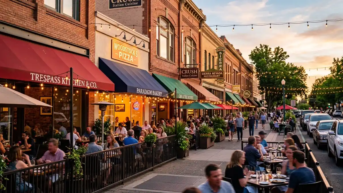Restaurant district in Chico, California with nearby public restroom facilities
