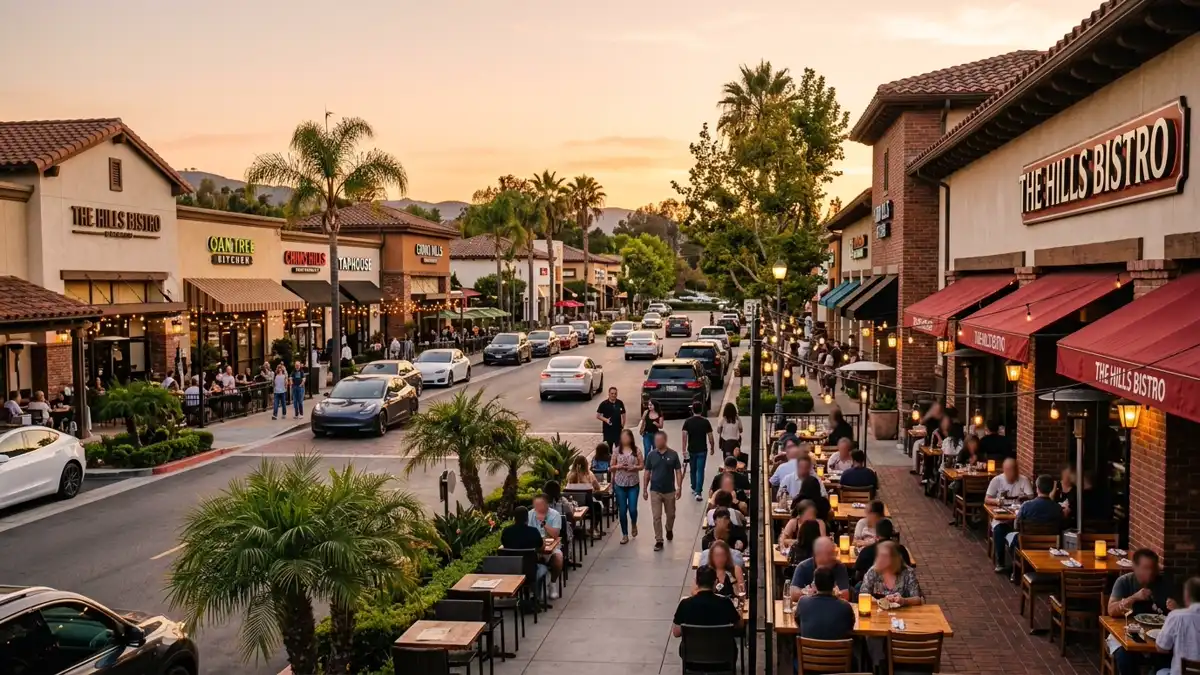 Restaurant district in Chino Hills, California with nearby public restroom facilities