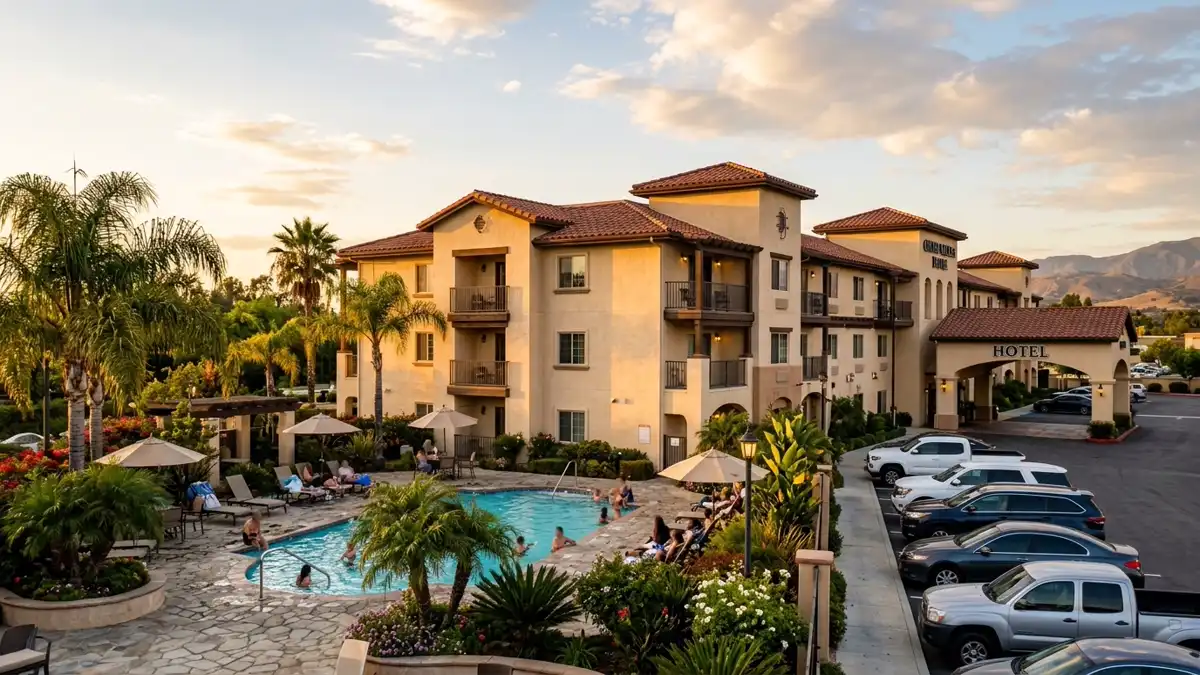 Hotels and accommodation options near mapped restrooms in Chino, California