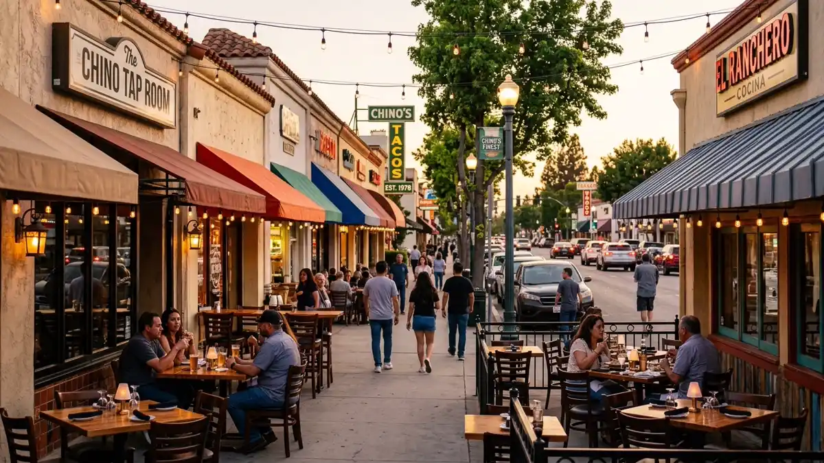 Restaurant district in Chino, California with nearby public restroom facilities
