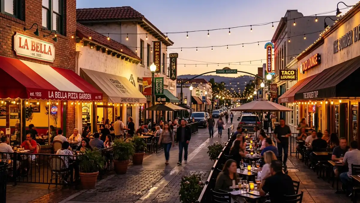 Restaurant district in Chula Vista, California with nearby public restroom facilities