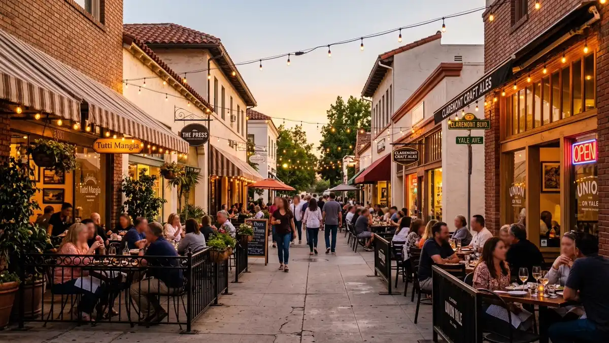 Restaurant district in Claremont, California with nearby public restroom facilities