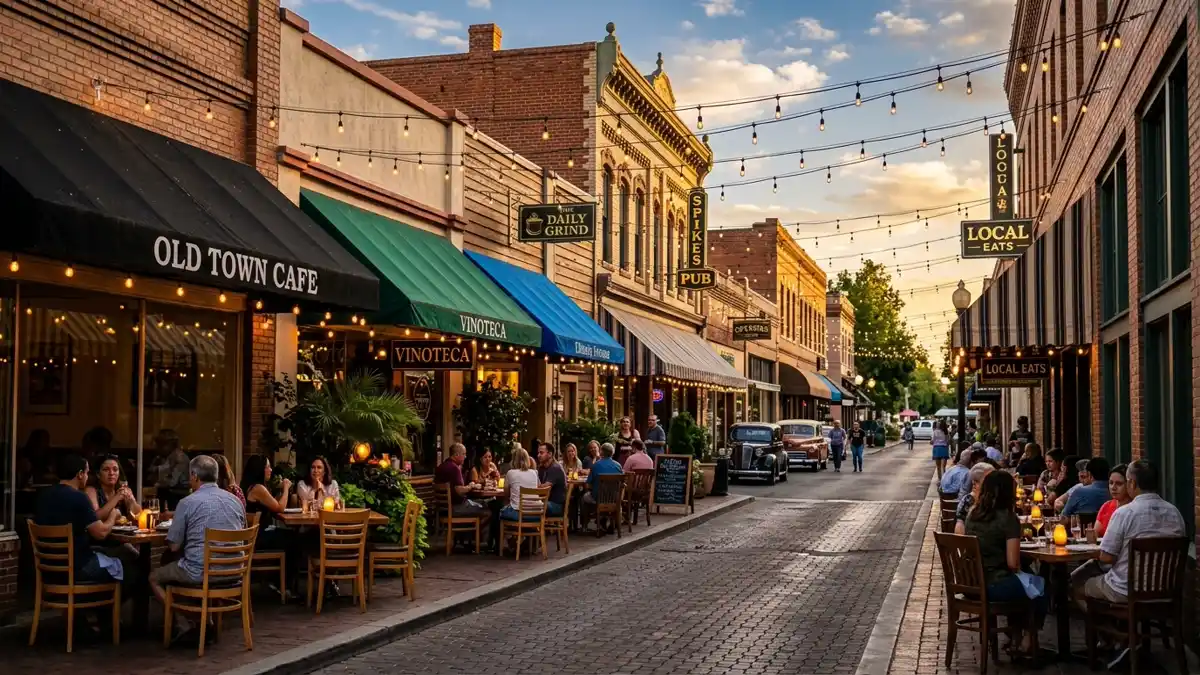 Restaurant district in Clovis, California with nearby public restroom facilities