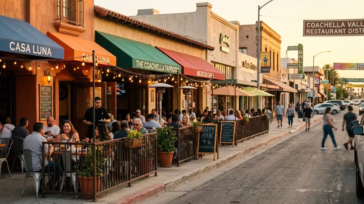 Restaurant district in Coachella, California with nearby public restroom facilities