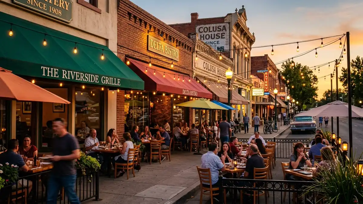 Restaurant district in Colusa County, California with nearby public restroom facilities
