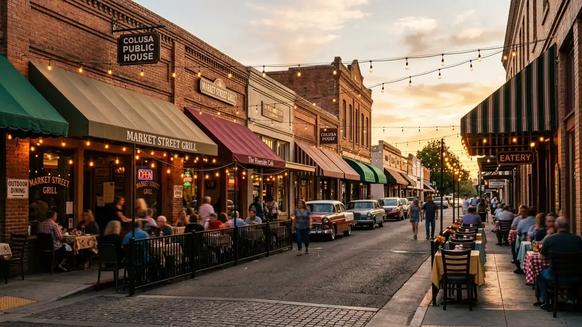 Restaurant district in Colusa, California with nearby public restroom facilities