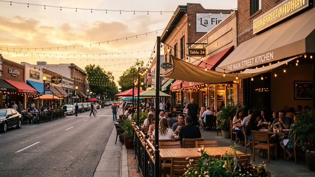Restaurant district in Contra Costa County, California with nearby public restroom facilities