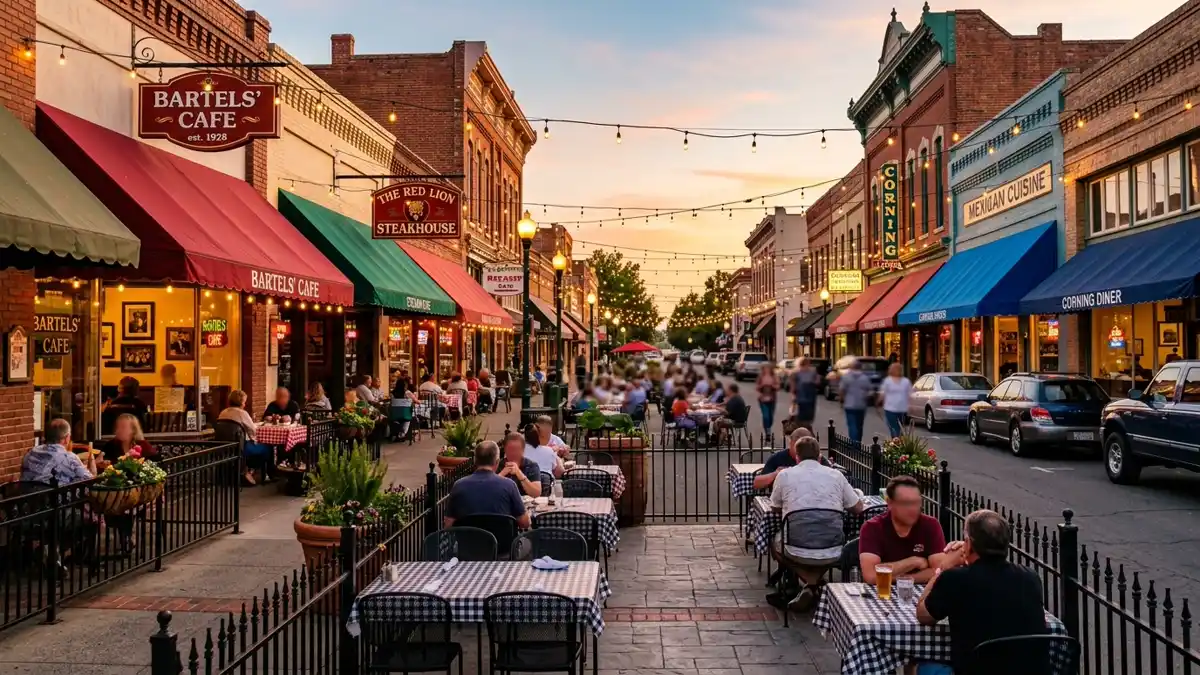 Restaurant district in Corning, California with nearby public restroom facilities
