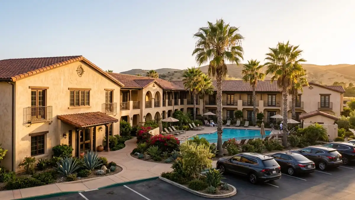 Hotels and accommodation options near mapped restrooms in Corona, California