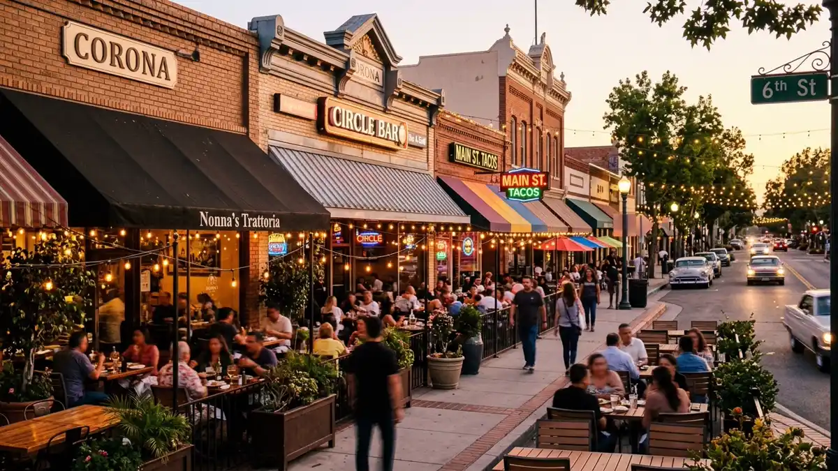 Restaurant district in Corona, California with nearby public restroom facilities