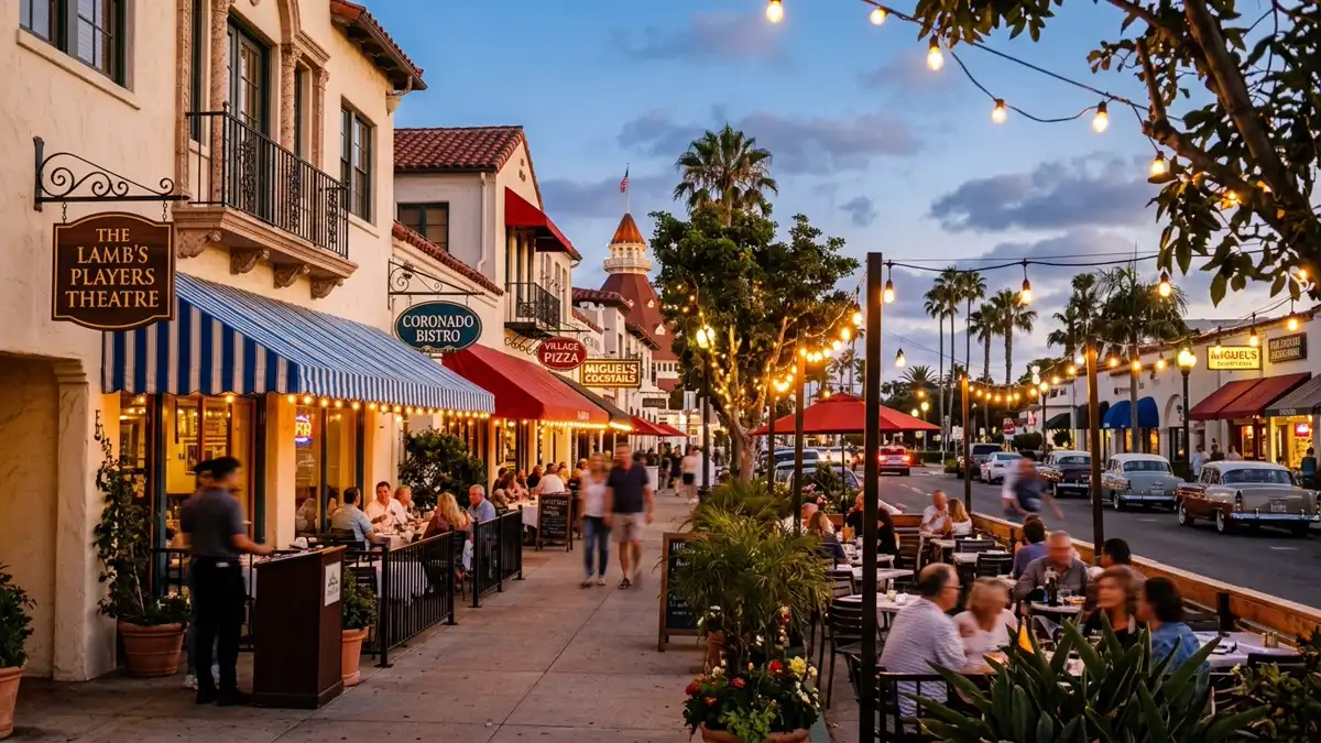 Restaurant district in Coronado, California with nearby public restroom facilities