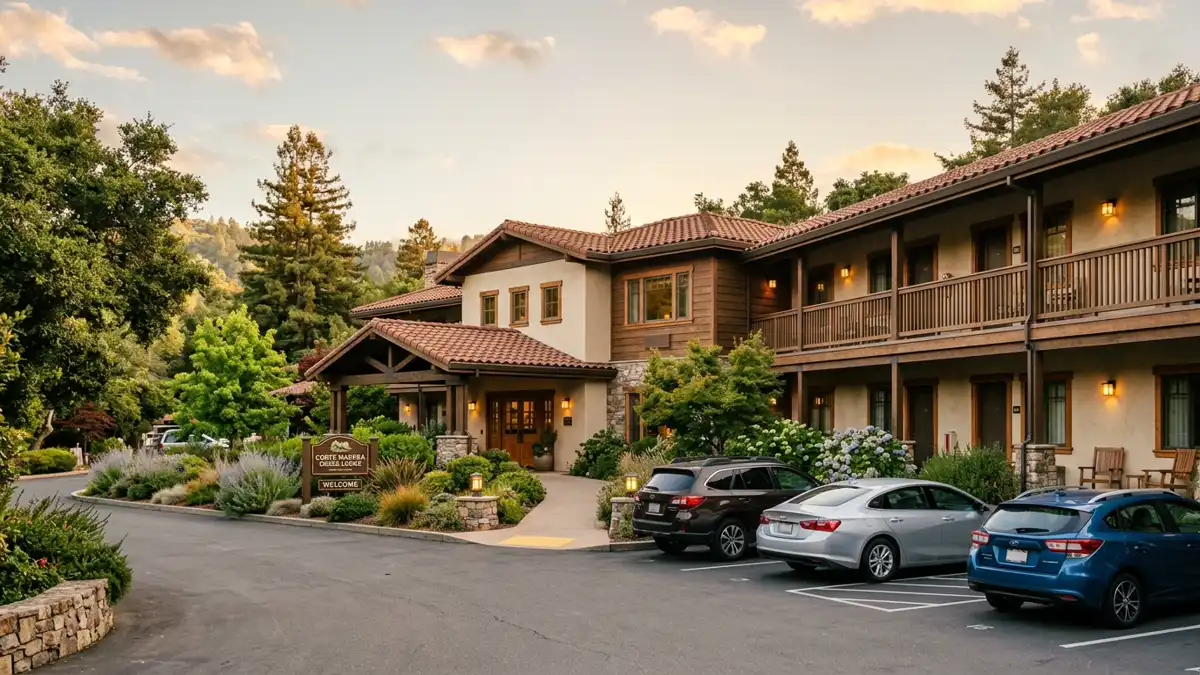 Hotels and accommodation options near mapped restrooms in Corte Madera, California