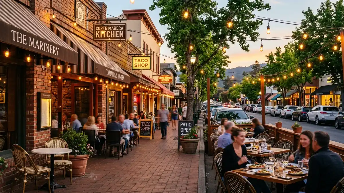 Restaurant district in Corte Madera, California with nearby public restroom facilities
