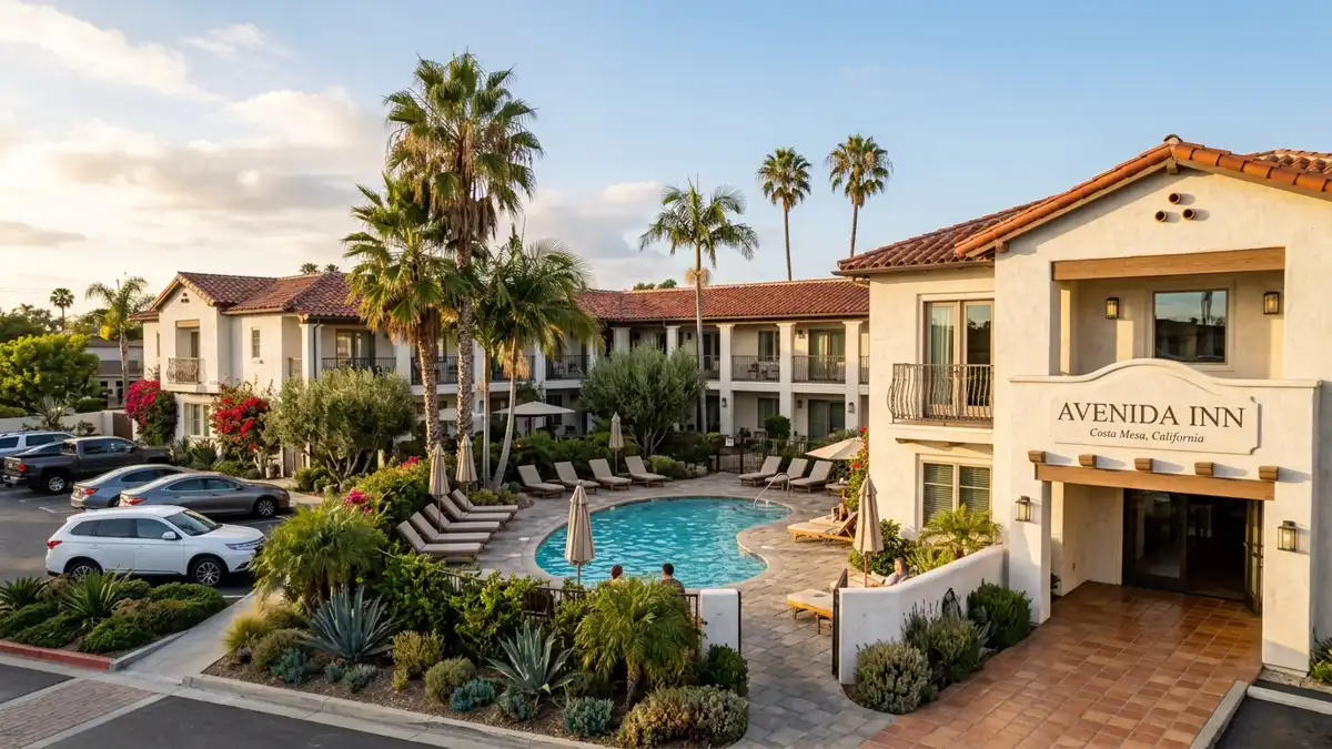 Hotels and accommodation options near mapped restrooms in Costa Mesa, California