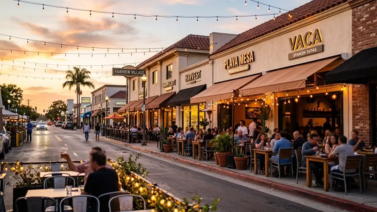 Restaurant district in Costa Mesa, California with nearby public restroom facilities