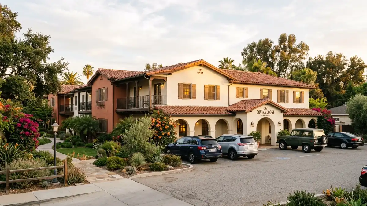 Hotels and accommodation options near mapped restrooms in Covina, California