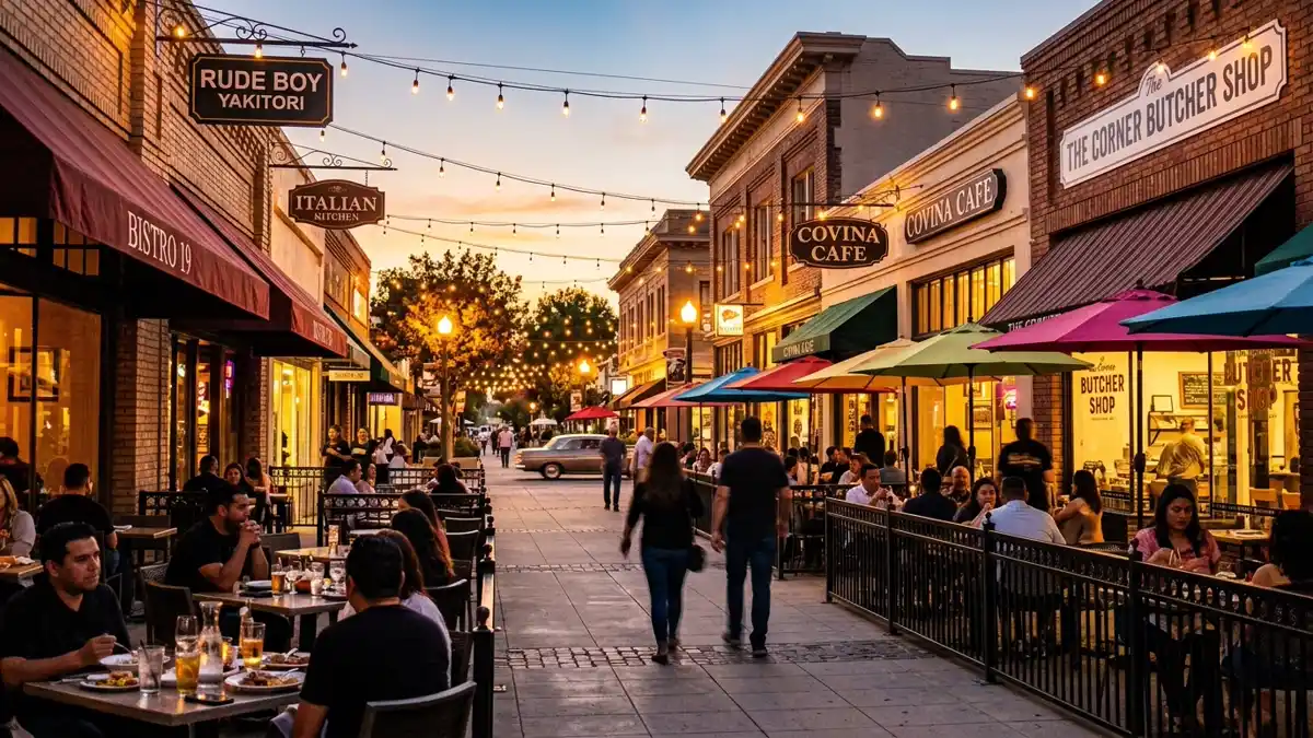 Restaurant district in Covina, California with nearby public restroom facilities