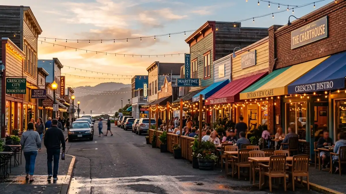 Restaurant district in Crescent City, California with nearby public restroom facilities
