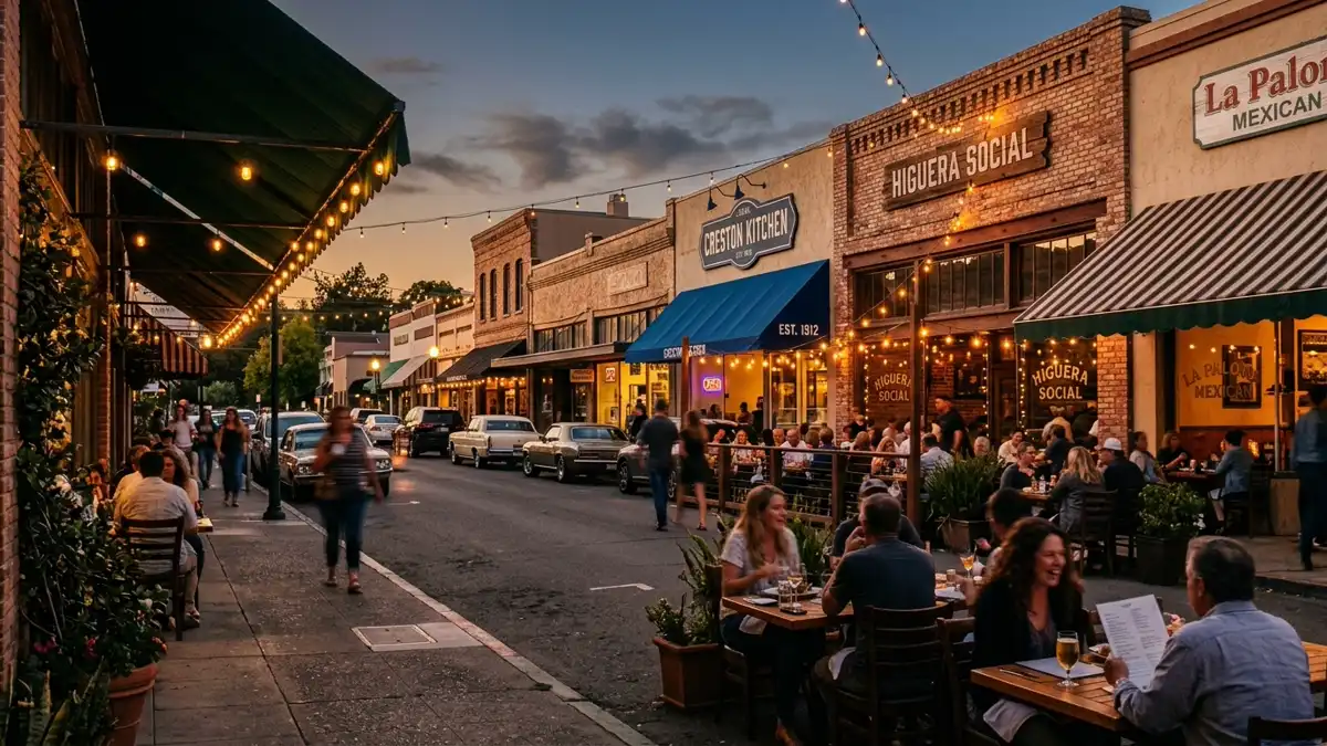 Restaurant district in Creston, California with nearby public restroom facilities