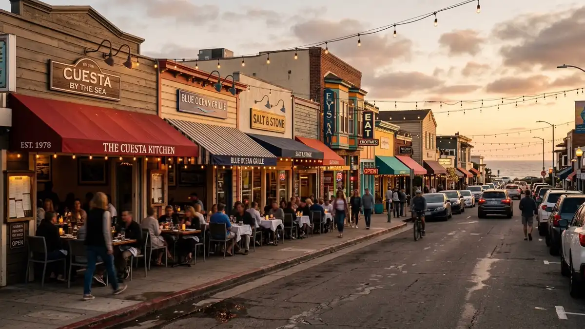 Restaurant district in Cuesta By The Sea, California with nearby public restroom facilities