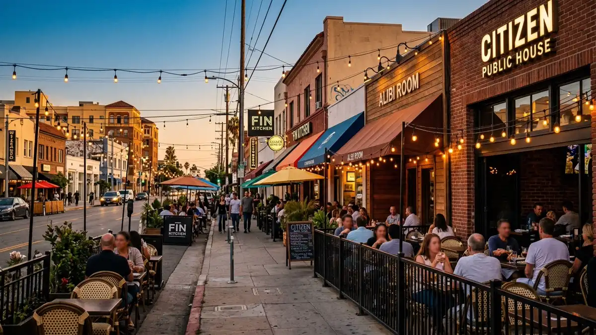 Restaurant district in Culver City, California with nearby public restroom facilities