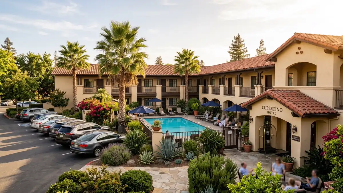 Hotels and accommodation options near mapped restrooms in Cupertino, California