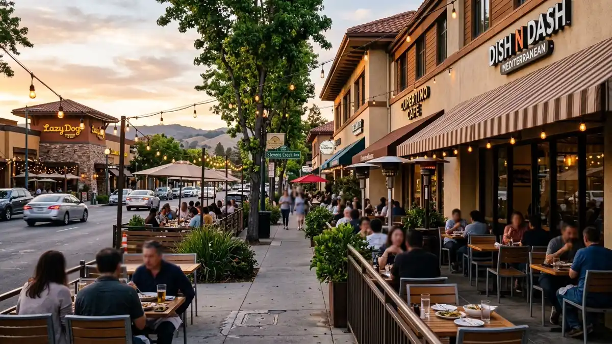 Restaurant district in Cupertino, California with nearby public restroom facilities