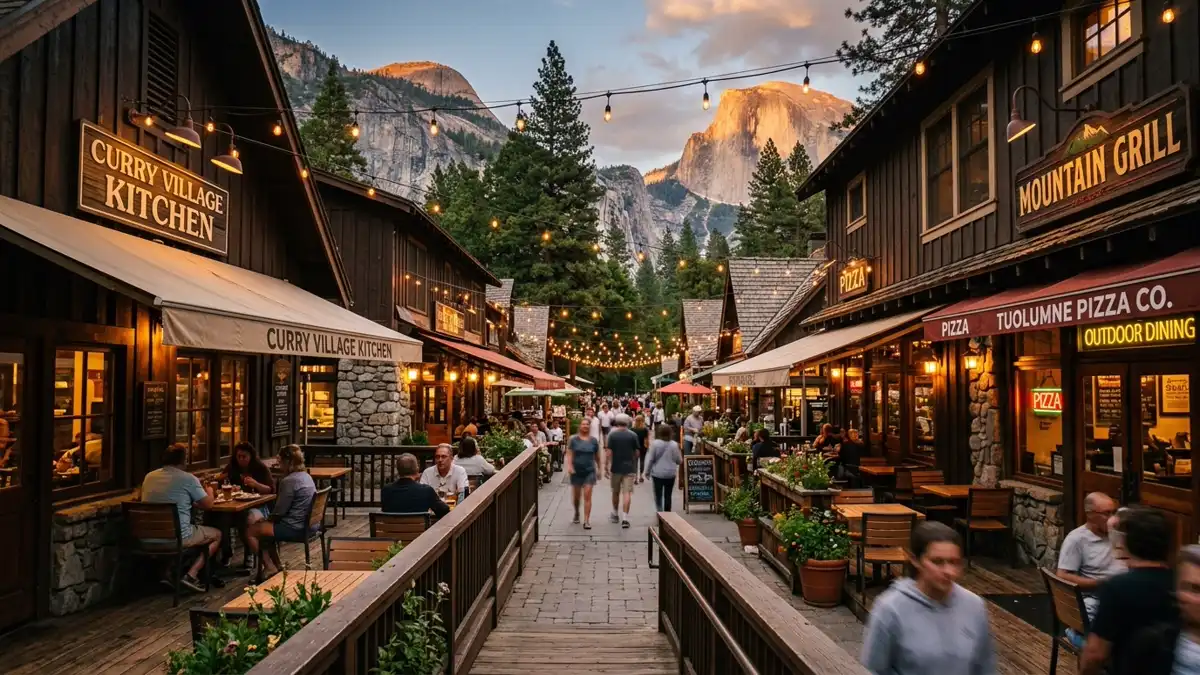 Restaurant district in Curry Village, California with nearby public restroom facilities