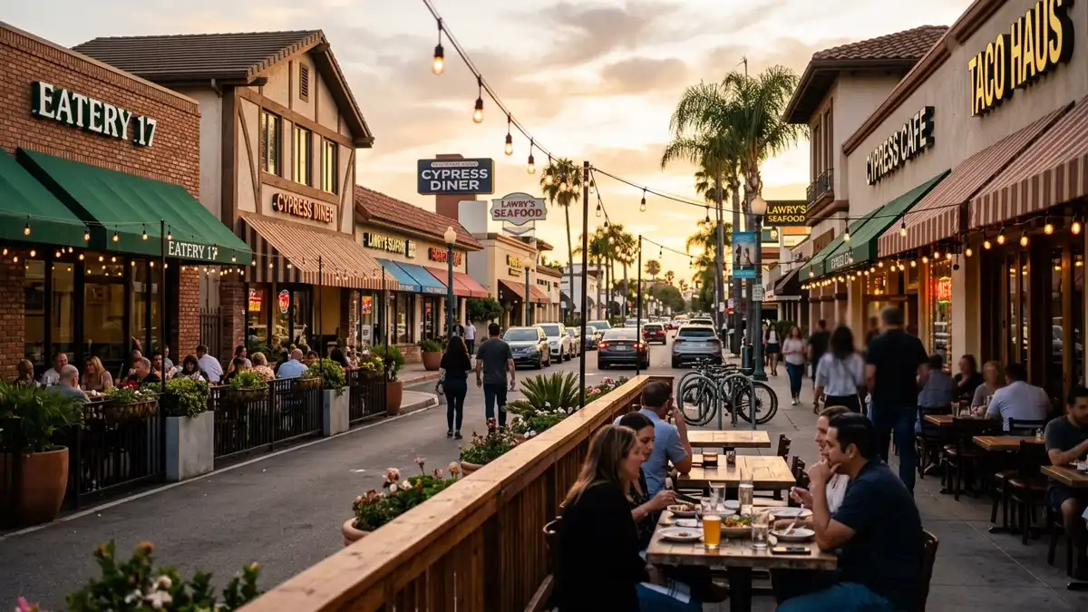 Restaurant district in Cypress, California with nearby public restroom facilities