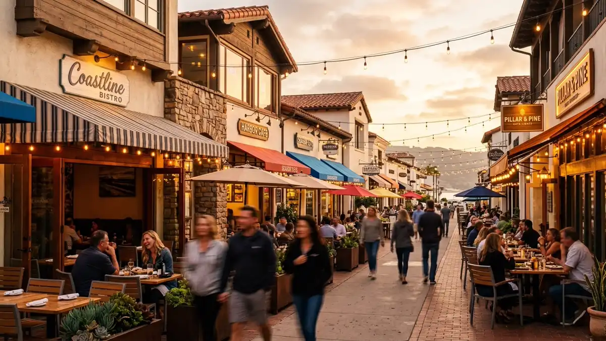 Restaurant district in Dana Point, California with nearby public restroom facilities