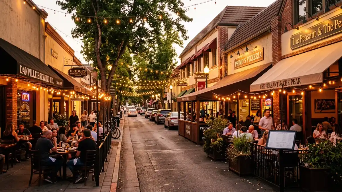 Restaurant district in Danville, California with nearby public restroom facilities
